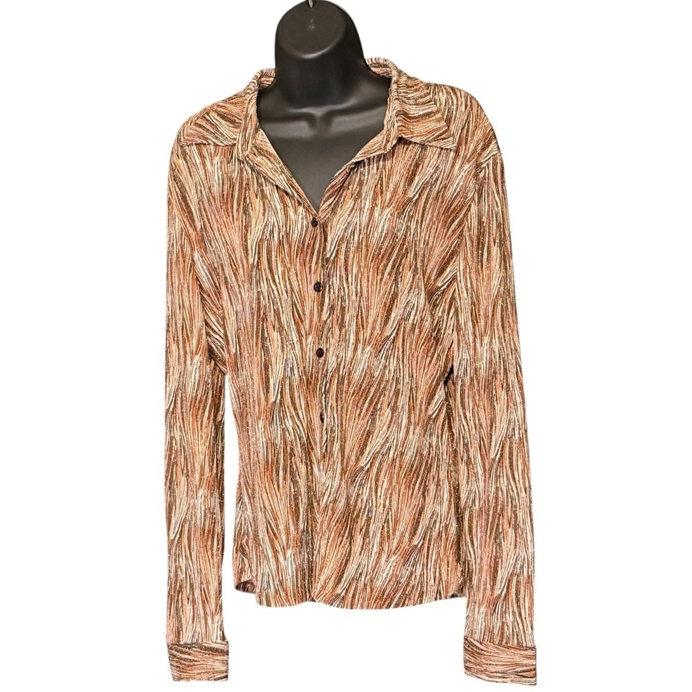 New York & Company Metallic Stretchy Button Up Blouse Top Retro Career Size M